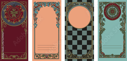 Vintage decorative frames set with floral Art Nouveau patterns, retro blank poster templates for invitations, cards, packaging, and print design.