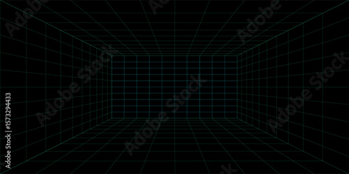 3D wireframe room on green background. Abstract perspective grid. Vector illustration.