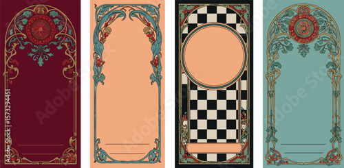Vintage decorative frames set with floral Art Nouveau patterns, retro blank poster templates for invitations, cards, packaging, and print design.