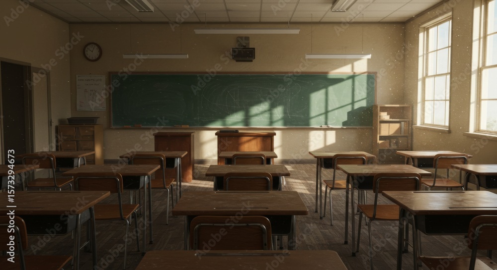 Fototapeta premium An empty vintage classroom with wooden desks and warm sunlight.