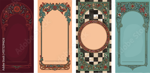 Vintage decorative frames set with floral Art Nouveau patterns, retro blank poster templates for invitations, cards, packaging, and print design.