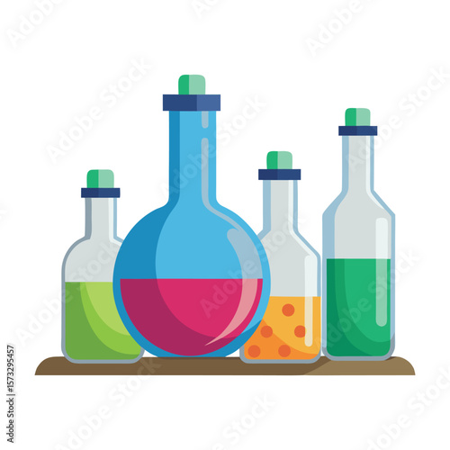 Colorful laboratory glassware filled with various liquids on a shelf