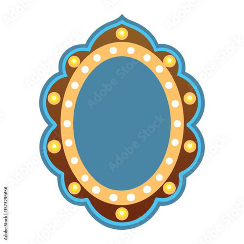 Ornate oval mirror with marquee lights and decorative frame