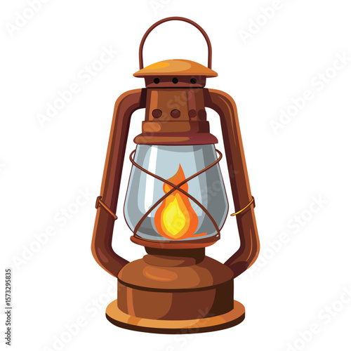 Vintage kerosene lantern with a glowing flame isolated on a white background