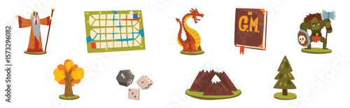 Game of Lord with Dice, Magician, Map and Dragon Vector Set