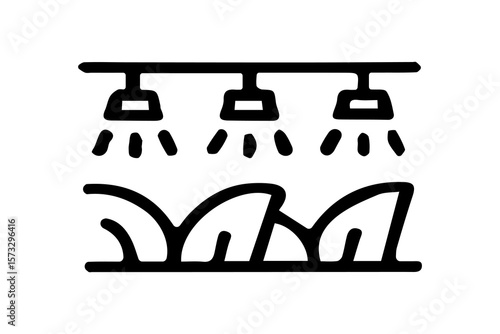 The image depicts a black-and-white icon of an irrigation system. It shows three overhead sprinkler nozzles spraying water downward onto a row of growing plants or crops. 