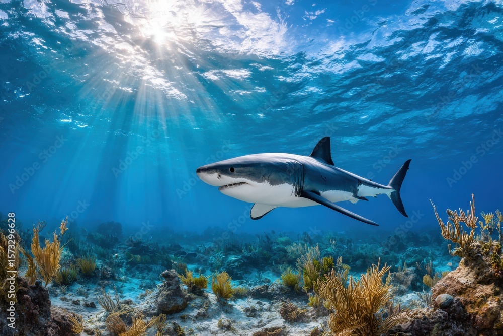Obraz premium Majestic shark gliding through crystal clear ocean waters beneath sunlit surface