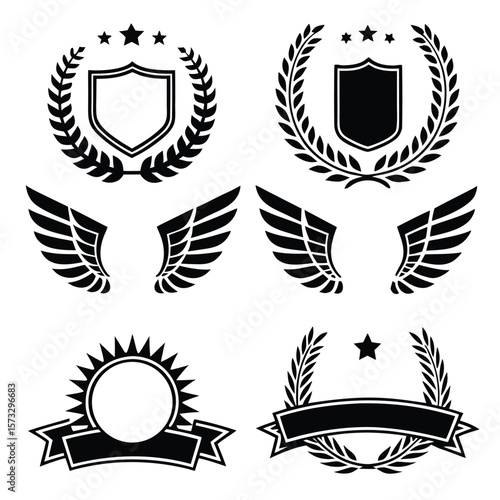 Black heraldic emblems and symbols shield laurel wreath