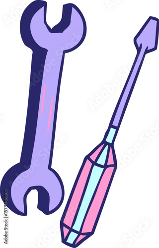 hand drawn cartoon doodle of a spanner and a screwdriver in bright neon color