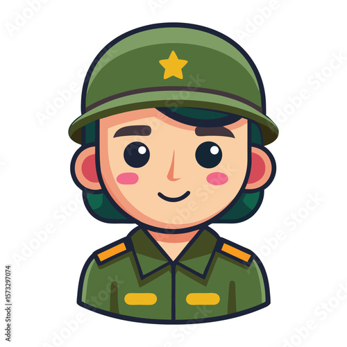 Cute cartoon female soldier wearing green military uniform and helmet