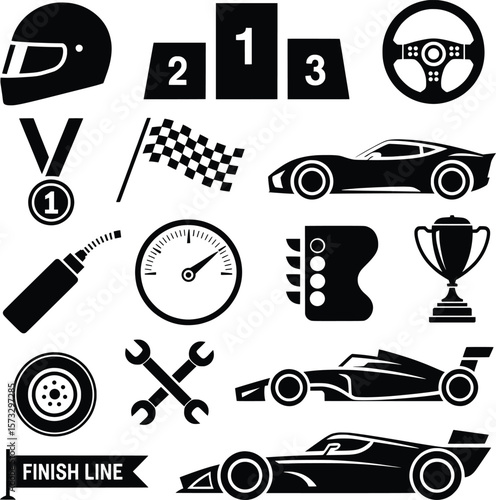 Race Car Icon Bundle with Silhouettes of Vehicles, Tracks, Flags, and Tools.
