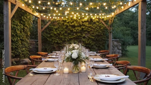 Beautifully Decorated Outdoor Dining Table Under a Wooden Pergola with String Lights and Floral Centerpiece