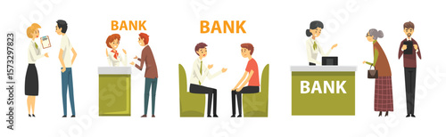 Bank with People Character Customer Need Consultation Vector Set