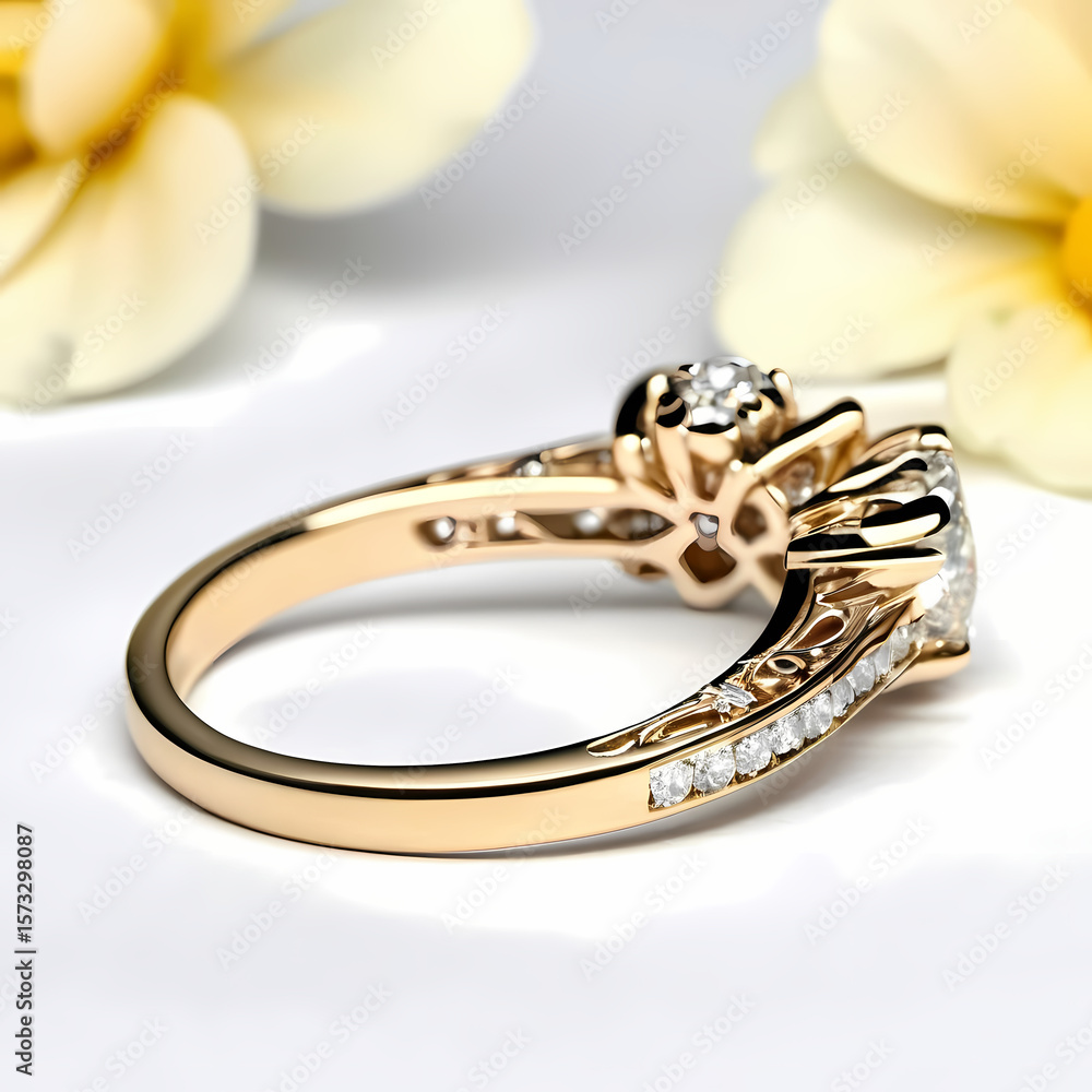 Close-up of a diamond wedding ring with floral accents, symbolizing love and commitment. Close-up of a diamond wedding ring with floral accents, symbolizing love and commitment.