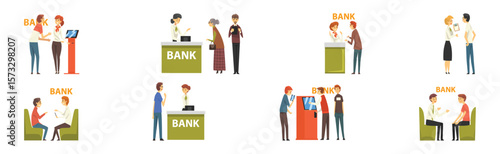 Bank with People Character Customer Need Consultation Vector Set