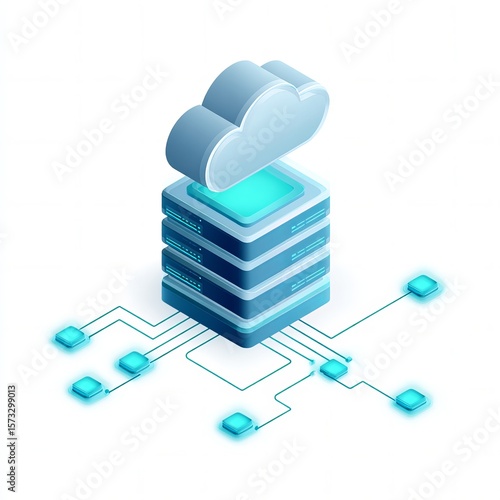 isometric icon of a cloud server stack connected with digital nodes and data streams, tech blue and cyan colors, elegant modern flat vector style
