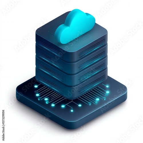 isometric icon of a cloud server stack connected with digital nodes and data streams, tech blue and cyan colors, elegant modern flat vector style