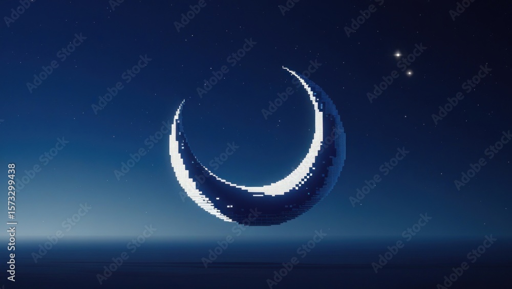 Fototapeta premium A stylized crescent moon glows against a dark blue night sky with stars.