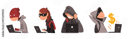 Man Hacker Character Stealing Money Online Vector Set