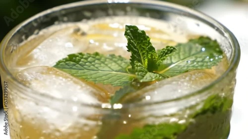 Refreshing beverage with ice and mint
