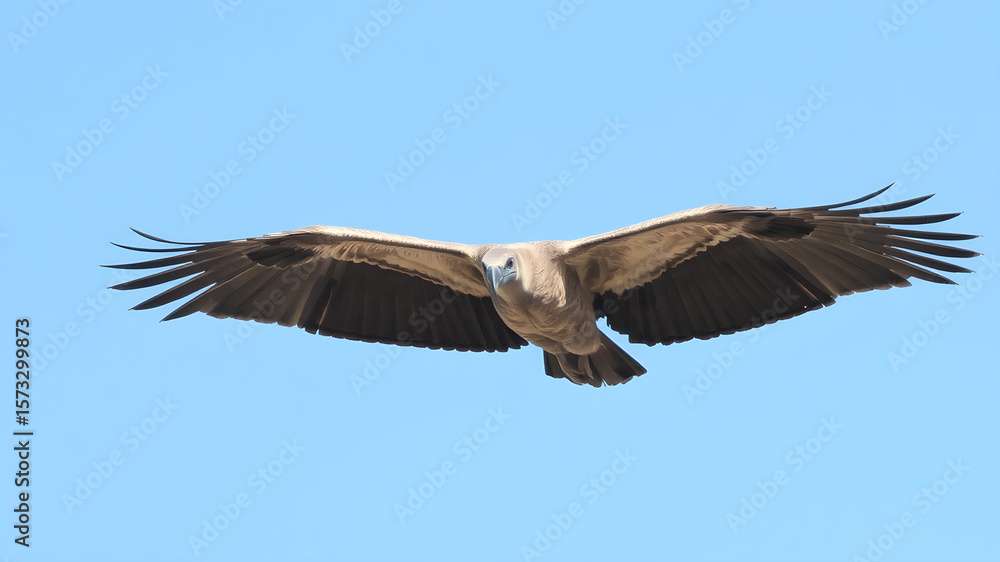 Obraz premium A vulture is soaring through a clear blue sky, displaying its magnificent wingspan and distinct features, embodying the beauty of wildlife in its natural habitat