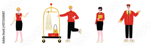 Hotel Staff Man and Woman Character in Red Uniform Vector Set