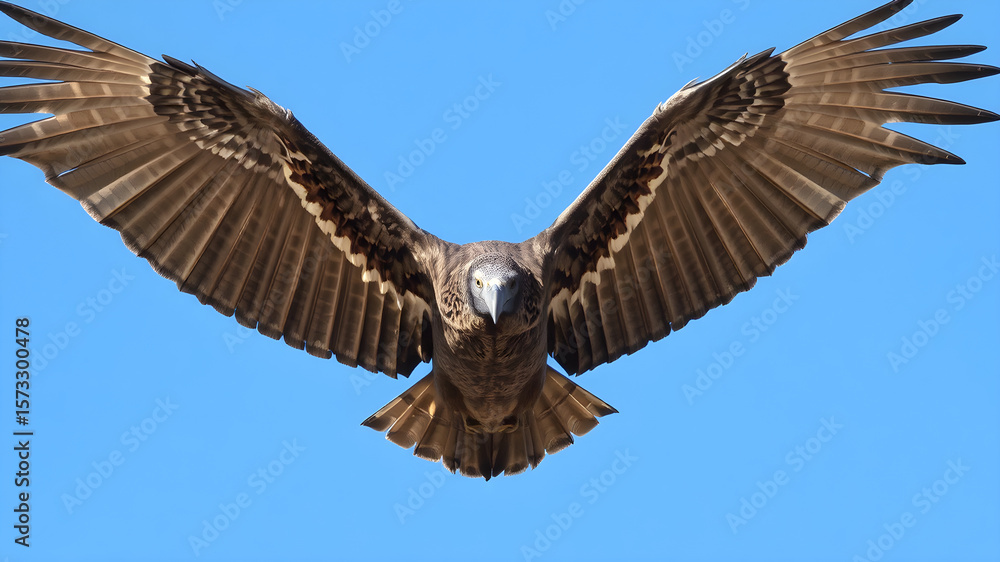 Obraz premium A vulture is soaring through a clear blue sky, displaying its magnificent wingspan and distinct features, embodying the beauty of wildlife in its natural habitat