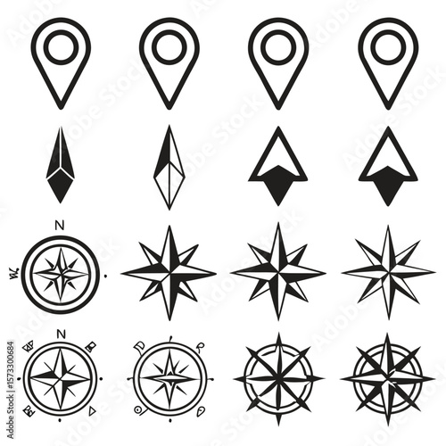 Location pins compasses and directional arrows map marker