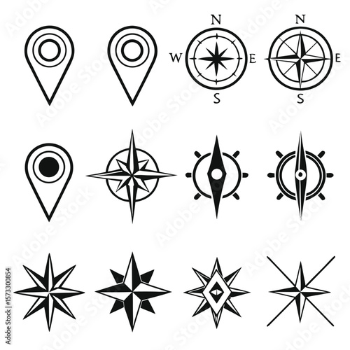 Navigation symbols compasses and map markers location