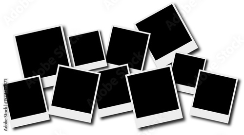 black Photo frame. Retro vintage photograph.  Images different forms on wall. blank retro memory album. Realistic photo card frame. Wall collage photography mockup
