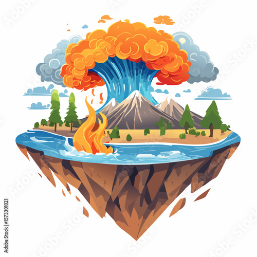 Elemental Chaos: A vibrant, stylized illustration depicting the four classical elements—earth, air, fire, and water—in a state of dynamic, chaotic interaction.  The scene is set on a small.