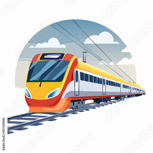 High-Speed Train in Transit: A vibrant high-speed train speeds along a railway track under a stylized sky, a symbol of modern transportation and efficient travel.