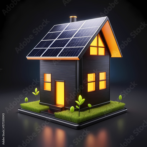 Neon house icon with solar panels and plug, symbolizing renewable energy.  