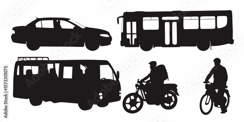 Urban Silhouette: A collection of vehicles and modes of transportation, illustrated as striking black silhouettes. Showcasing a diverse range of transportation, ideal for design elements.