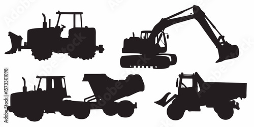 Heavy equipment silhouette: Collection of heavy equipment silhouette include excavator, bulldozer, dumper truck, tanker truck on white.