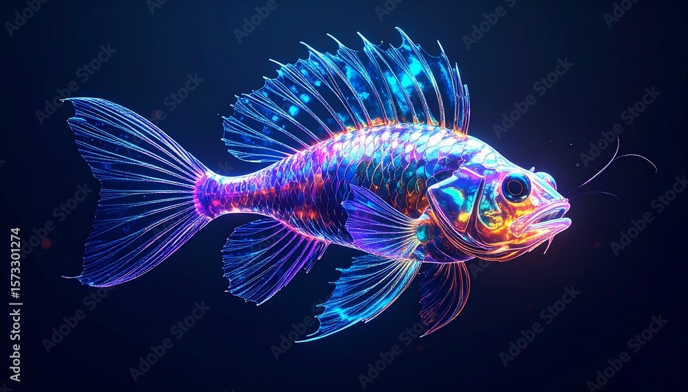 A beautifully surreal anglerfish with a mesmerizing, translucent body and vibrant, iridescent colors glowing through its transparent fins and bioluminescent lure. A beautifully surreal anglerfish with a mesmerizing, translucent body and vibrant, iridescent colors glowing through its transparent fins and bioluminescent lure.