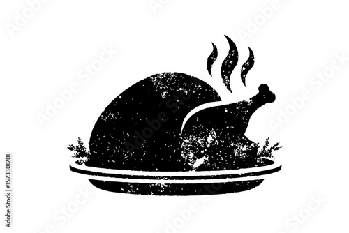 Silhouette of roasted turkey with steam rising, in grunge style on white background, representing rustic cooking and traditional holiday meals