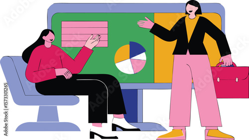 Business woman working on laptop in office meeting room illustration