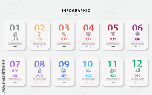Timeline calendar infographic template. 12 Step timeline journey, Simple flat year plan infographics. Business concept with 12 options, diagram vector illustration.