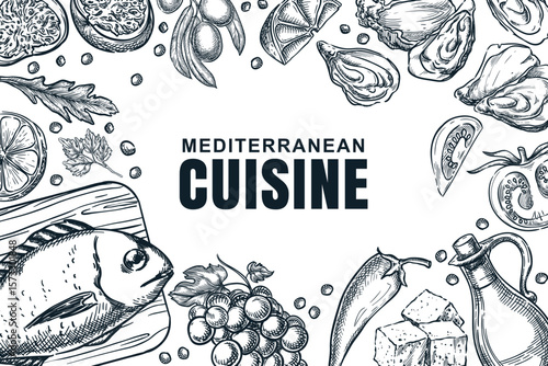 Mediterranean cuisine vector sketch illustration. Restaurant, menu, food packaging, product labels design elements