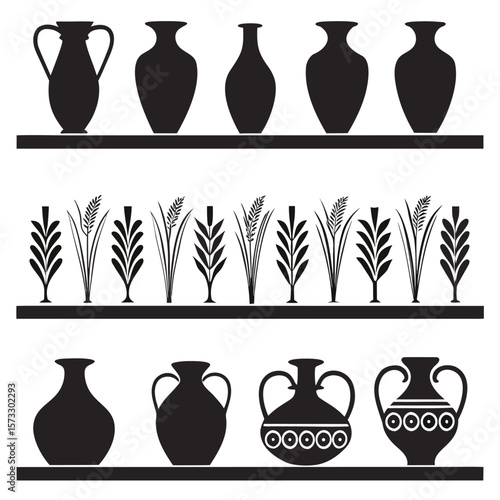 Black amphorae and botanical silhouettes vase pottery