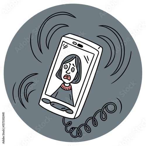 Woman on a phone screen with a shocked expression and phone ringing in a gray circle background design