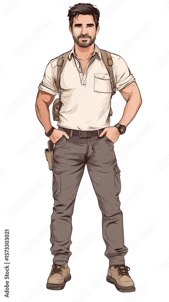 Adventurer man standing confidently in outdoor expedition attire Adventurer man standing confidently in outdoor expedition attire