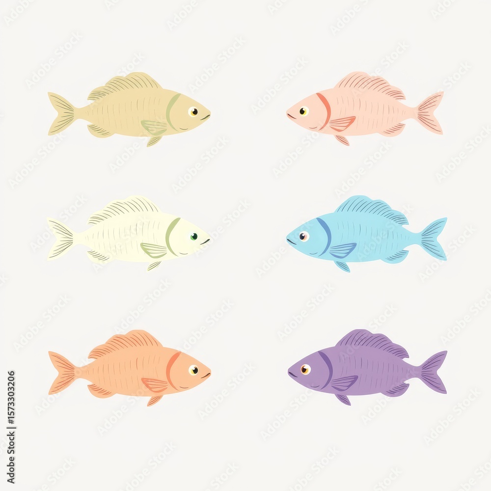 Fototapeta premium Six colorful cartoon fish illustration in different pastel colors on a white background design element