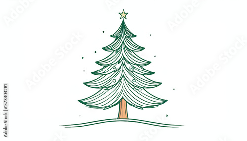 A sketched green Christmas tree with a yellow star on top planted on snowy ground amidst falling snow