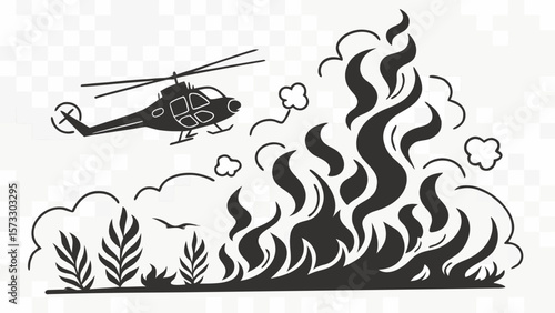 Helicopter fighting wildfire flames illustration vector drawing black and white emergency fire rescue 100 char