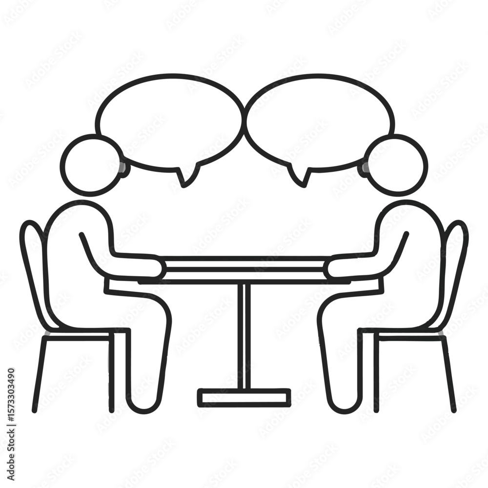 Two figures sit at a table with speech bubbles above Two figures sit at a table with speech bubbles above
