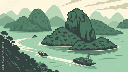 Explore ha long bay vietnam scenic landscape with boats and limestone karsts islands travel destination vector