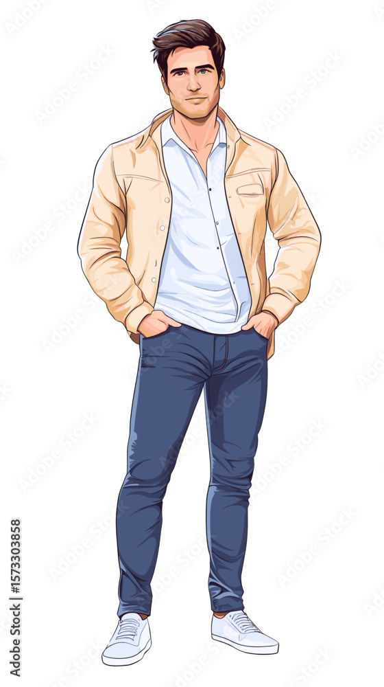 Young man standing confidently in casual clothing with hands in pockets Young man standing confidently in casual clothing with hands in pockets