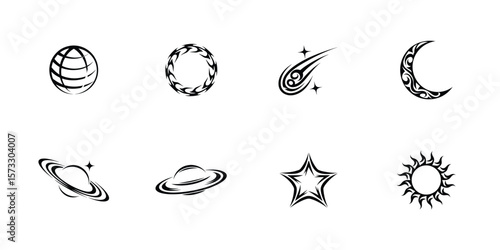 Vector set of space silhouette icons with celestial bodies rockets satellites telescopes stars moons aliens and galaxies for science and tech themes

